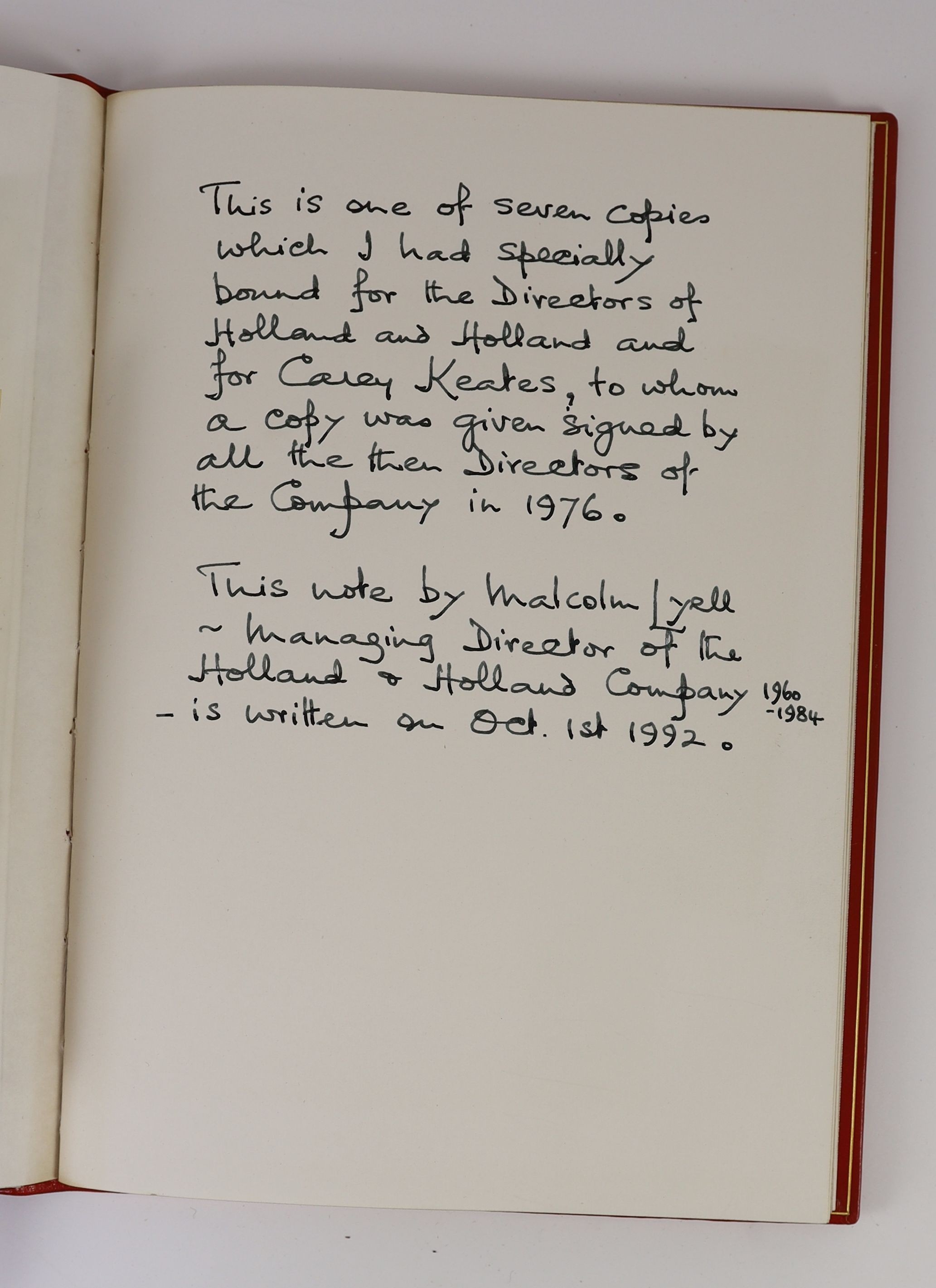 [Keates, Carey. ]The Holland & Holland Collection with a Brief History of the Company and Notes on Related Subjects 1976. Privately printed by Holland & Holland, London, 1976. Bound in full red morocco with inner dentell